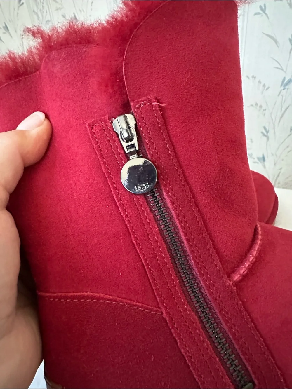 UGG Red Suede Mid-Calf Winter Boots with Side Zip